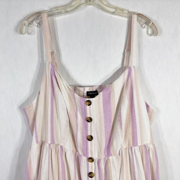 Torrid Plus Size 2X Dress‎ Midi Linen Button Front Dress Pink White Pockets 1289 - Picture 6 of 10